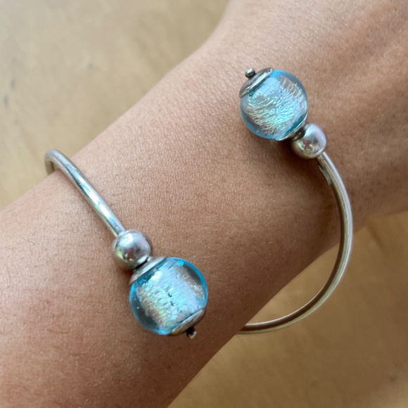 VINTAGE STERLING SILVER COIL WRAP CUFF BRACELET FROSTED AQUA BLUE MURANO GLASS - Picture 15 of 16
